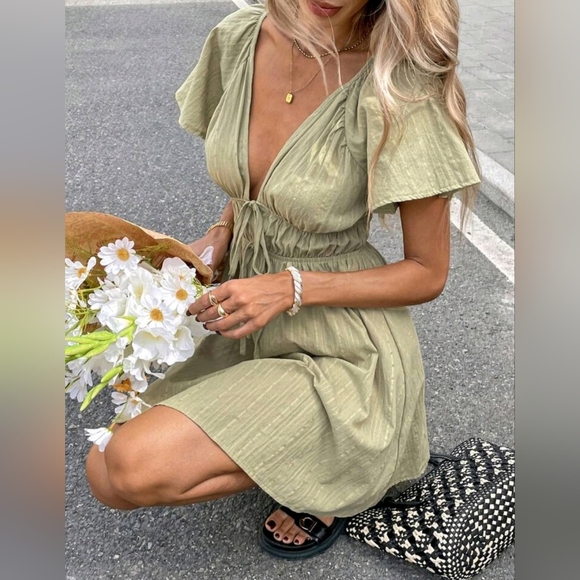 New Boho Textured Stripe Tie Front Gathered Short Dress Olive Cotton - Picture 6 of 8